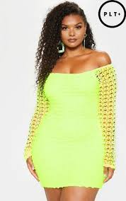 Prettylittlething Neon Yellow Crochet Bardot Bodycon Dress Bardot Bodycon Dress Bodycon Dress Fashion