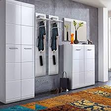 lomadox komplett garderoben set 5 teilige flurgarderobe flurmobel in hochglanz weiss schuhschrank spiegel paneele schliessfacher garderoben set garderobe