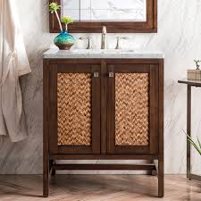 Perched atop tall tapered legs and finished with brass hardware, this vanity features a warm woodgrain tone that blends the past with the present to enhance any bathroom. James Martin Addison Collection 30 Single Vanity Cabinet W Doors Mid Century Acacia