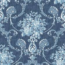 Antique layout, swirling flowers, plant leaves, small blossoms and decorative shapes. 2702 22748 Winsome Blue Floral Damask Wallpaper Wallpaper Boulevard