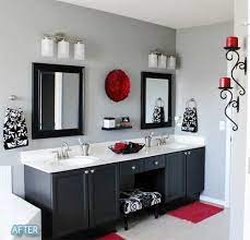 We may earn commission on some of the items you choose to buy. Best Bed Room Photos This Is The Theme Of My Master Bath Black White And Pop Of Red Black Bathroom Decor Red Bathroom Decor Gray Bathroom Decor