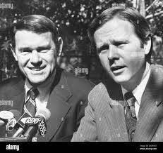 Mayor Pete Wilson of San Diego, (right) responds to a reporters question at  a press conference in Los Angeles
