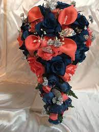 Free shipping for many products! 21 Piece Package Bridal Bouquet Silk Wedding Flowers Navy Blue Coral Calla Lily Wedding Bridal Bouquets Coral Bouquet Wedding Silk Flowers Wedding