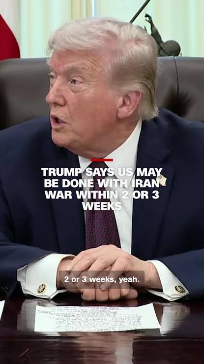 The US could be done with its war with Iran within two to three weeks, President Donald Trump said. He said Washington will have “nothing to do with” the closed Strait of Hormuz.