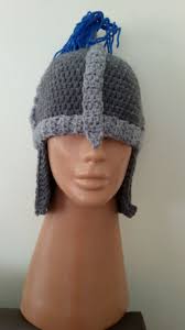 Crochet Knight Helmet Beanie With Royal Blue Tassel