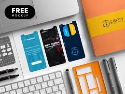Download Free Mobile App Mockup With Extra Stationery Items Freebies Fribly Free Mockup Mockup Mockup Free Download