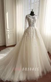 A Line Long Long Sleeve Bell Beading Appliques Flower Zipper Keyhole Tulle Lace Dress Bridal Dresses Wedding Dresses With Flowers Wedding Dresses Lace