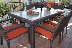 Welcome spring … we can start enjoying the outdoors again! Sunset Wicker 6 Person Dining Table Comes With A Stone Top Cushioned Dining Chairs With A Wide Comfo Outdoor Dining Set Dining Chair Cushions Patio Dining Set