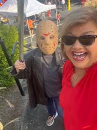 My niece Rachel at the neighborhood Halloween party. For some reason she  wanted to be Jason from Friday the 13th 😳 She really loves horror movies