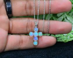 5 mm Natural Ethiopian Welo Opal Cabochon Holy Cross Pendant Necklace, 925 Sterling Silver, October Birthstone, Charm Pendant, Gift for Her