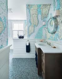 Blue Boys Bathroom With World Map Wallpaper Cottage Bathroom