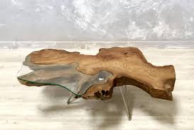 Rustic coffee table with hollow log base. Teak Live Edge Coffee Table With Glass Top