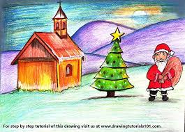 Chirstmas Scenery Colored Pencils Drawing Chirstmas Scenery With Color Pencils Drawingtutorials101 Com
