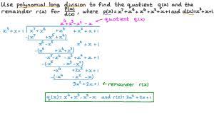 👉 learn how to divide polynomials by quadratic divisors using the long division algorithm. Question Video Finding The Quotient And The Remainder For Two Polynomial Functions Using Polynomial Long Division Nagwa