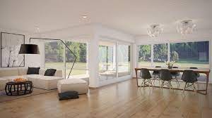Fireplace, coffee table, accent chair, glass window wall, accent wall, ceiling. Interior Design Benefits Of Moving Into A Newly Built Modern Home Freshome Com Living Room Dining Room Combo Living Dining Room Spacious Living Room