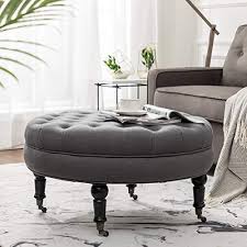 This environment attribute fits well in modern. Simhoo Large Round Tufted Lined Ottoman Coffee Table With Casters Grey Upholstery Button Footstool Cocktail With Wheels For Living Room Pricepulse