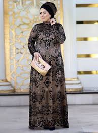 Black And Gold Evening Gown Plus Size Black Gold Fully Lined Crew Neck Polyester Muslim Plus Size Evening Dress Nesrin Emniyetli Gaun Malam Model Pakaian Muslim Pakaian Wanita