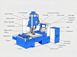 CNC 선반의 내부 구조인 경사 베드, 터렛, 스핀들, 심압대의 배치와 절삭유 순환 구조를 보여주는 기술 도해