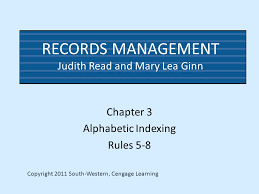 RECORDS MANAGEMENT Judith Read and Mary Lea Ginn Chapter 3 Alphabetic  Indexing Rules 5-8 Copyright 2011 South-Western, Cengage Learning.