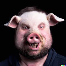 hi-res photo portrait of a human man with the face of a pig : r/dalle2
