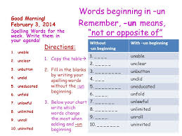Words start with un, words starting with un, words start un Good Morning January 27 2014 Words Ending In Ed Remember Ed Means Did Before Now In The Past Spelling Words For The Week Write Them In Your Ppt Download
