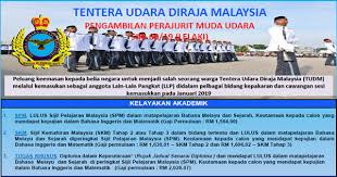 Sijil pelajaran malaysia (spm) atau kelayakan yang diiktiraf setaraf dengannya oleh kerajaan serta sijil kemahiran malaysia (skm) tahap 3 dalam bidang berkaitan atau kelayakan yang diiktiraf setaraf dengannya. Jawatan Kosong Tentera Udara Diraja Malaysia Pemilihan Awal Perajurit Muda Udara Siri 60 19