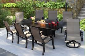 Aragon 7 pc fire pit dining table set Barbados Sling Outdoor Patio 9pc Dining Set For 8 Person With 47x90 Rectangle Fire Table Series 4000 Zenpatio