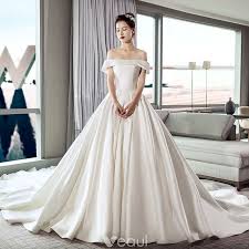 Modest Simple Ivory Wedding Dresses 2019 A Line Princess Off The Shoulder Short Sleeve Backless Cathedral Train Ruffle Wedding Dresses Simple Ivory Wedding Dress Wedding Dresses