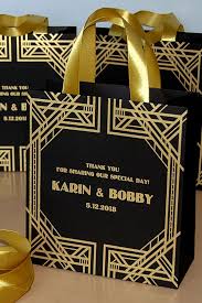 Black And Gold Party Theme Names 35 Gatsby Style Wedding Welcome Bags With Gold Satin Ribbon Handles And Your Names Black And Gold Art Deco Style Bag Gatsby Theme Gift Bags Trendy Wedding Favors Wedding Welcome Bags