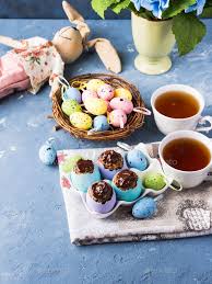 Easter Sweet Cup Cakes Treets In Colorful Egg Shells On Blue In 2020 Sweet Cups Egg Shells Sweet