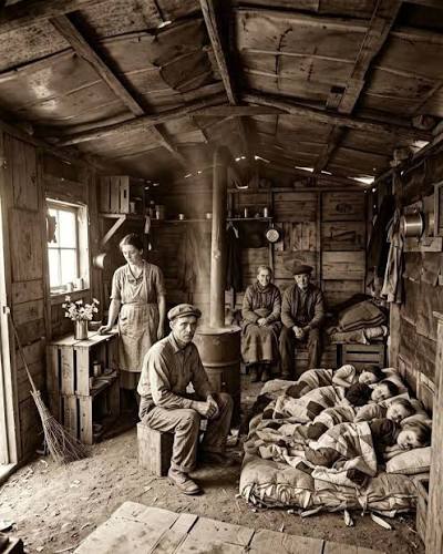 Het geïmproviseerde huis van de familie Becker op het platteland van New York tijdens de Grote Depressie.