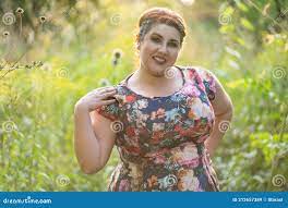 Happy Plus Size Model in Floral Dress Outdoors, Beautiful Fat Woman with Big  Breasts in Nature Stock Image - Image of cute, large: 212657389
