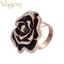 Vogem Black Rose Flower Ring Rose Gold Plating Luxury Austrian Crystal Big Flower Rings Costume Jewelry Mot Black Rose Flower Wedding Rings Vintage Flower Ring