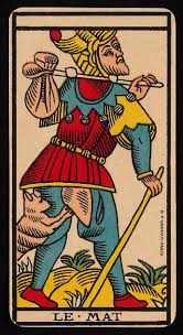 Le Mat card from the Marseilles Tarot showing traditional woodcut style figure