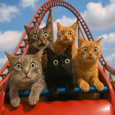 Cartoonish cat roller coaster ride creations