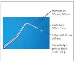 The tip of the probe has a 0.5 mm ball at the tip and millimeter markings at 3.5, 8.5 and 11.5 mm and the color codings are 3.5 to 5.5 mm. 17 Periodontal Screening Pocket Dentistry