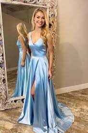 Light Blue V Neck Simple Prom Gown A Line Sleeveless Formal Dress With Train N1708 Light Blue Prom Dress Prom Dresses Long Blue Blue Dress Formal