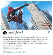 In a recent tweet, insomniac congratulated marvel and sony for today's release of the film, but they only included an. Marvel S Spiderman Ps4 Game Gets Two New Suits