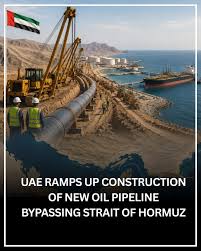The United Arab Emirates is accelerating construction of a major new oil  pipeline aimed at bypassing the Strait of Hormuz and expanding its export  capacity through Fujairah by 2027. The decision comes