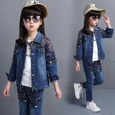 4 14 Years Spring Fall Style Small Flower Girls Clothing Set Denim Jacket T Shirt Jean Pant 3 Piece Set Cowboy Girl Outfits Girls Clothing Sets Outfit Sets