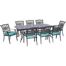 Hanover Traditions 9 Piece Aluminum Outdoor Patio Dining Set With Blue Cushions Traddn9pc Blu The Home Depot Extra Long Dining Table Rectangular Dining Set Patio Dining Set