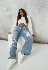 Lost ink relaxed fit wide leg jeans in light wash. Blue Ripped Wide Leg Jeans Missguided