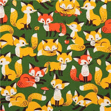 Green Japanese Animal Fabric With Cute Yellow And Orange Foxes Fox Artwork Stuffed Animal Patterns Fox Fabric