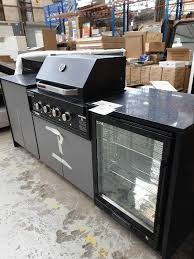 Timber frame outdoor kitchen diy build part 3 (fireplace & grill station). Ex Display Black Stone Outdoor Bbq Kitchen With Bar Fridge Outdoor Laminate Doors With S Steel Bar Fridge With Black Euro 4 Burner Bbq Eal900rbqbl With 6 Month Warranty Fowles Auction Sales