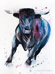 Black Bull Watercolor Painting Print By Slaveika Aladjova Etsy Bull Artwork Bull Painting Bull Art