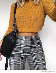 Aesthetic Black And White Plaid Pants Outfit Yellow Sweater And Plaid Pants Fashion Cute Outfits Fashion Outfits