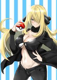 blonde hair blush cintia (pokémon) cynthia (pokemon) eye contact  grey background holding object holding poke ball large breasts long hair  looking at viewer nintendo pants pokeball pokemon pokemon dppt
