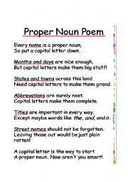 English Worksheet Proper Noun Poem Proper Nouns Common And Proper Nouns Nouns