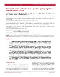 The stage of cancer generally refers to how far it has progressed, and whether it has spread to other parts of the body. Pdf Decreased Mean Platelet Volume Predicts Poor Prognosis In Invasive Bladder Cancer