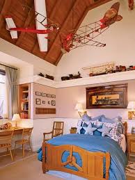 The navy blue color scheme goes great with the aviation theme in the place. Airplane Mobiles Vintage Boy S Room Boy Room Bedding Boy Room Vintage Boys Room